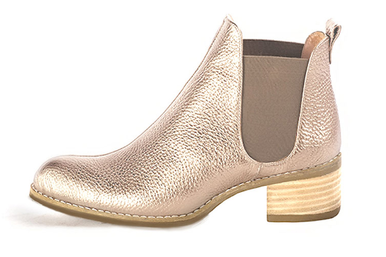 Tan beige women's ankle boots, with elastics. Round toe. Low leather soles. Profile view - Florence KOOIJMAN